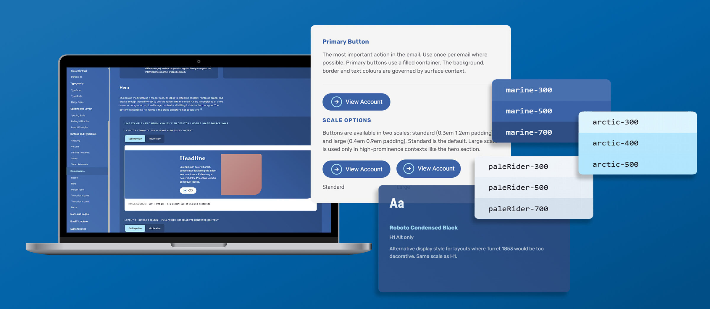 Skipton design system — composed view of UI components, color token swatches, typography specimens, and the documentation interface.
