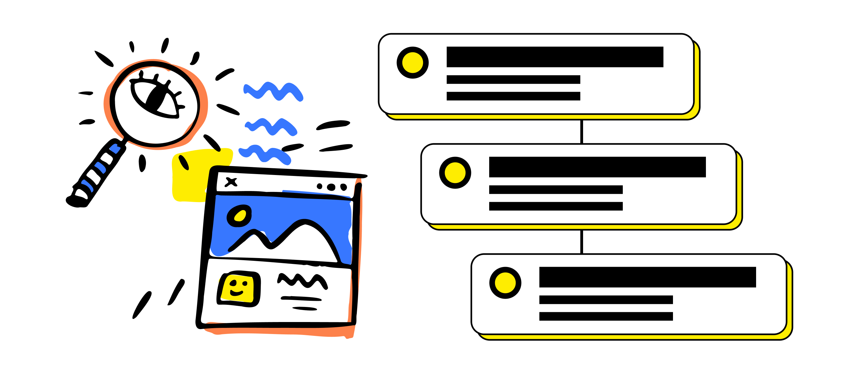 A magnifying glass examining a browser window beside a stack of connected cards, illustrating the welcome journey surfacing relevant content stage by stage.